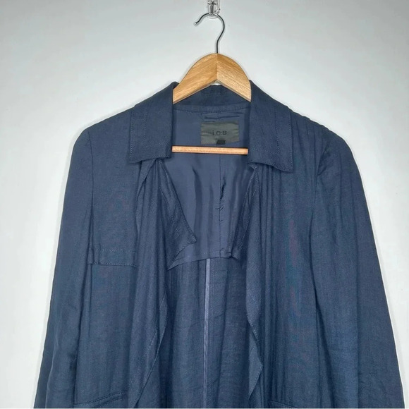 ICB Navy Blue Linen Silk Drape Front Trench Blazer Jacket Size Small - Picture 2 of 10